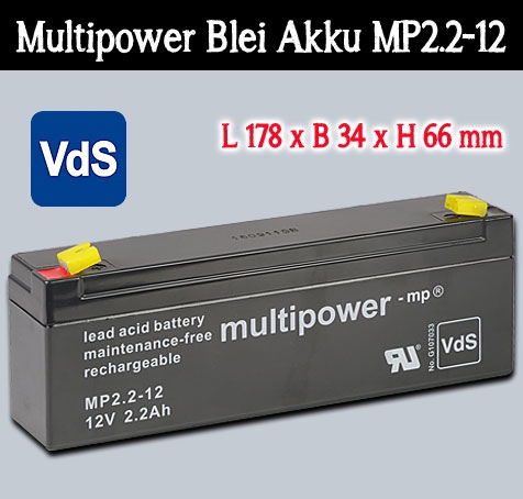 Multipower Blei Akku MP2.3-12 mit 4,8mm Faston Kontakten / 12V / 2,3 Ah mit VDS-Zulassung