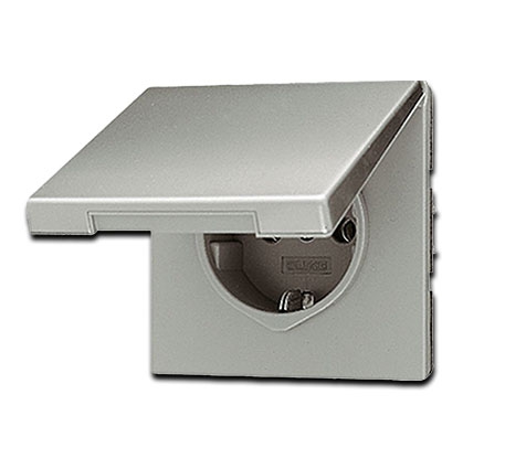 Jung Serie LS UP Schuko Steckdose 1-fach mit Federklemmen, Kinderschutz und Klappdeckel Aluminium, 70 x 70 mm, 16A 250V~, aus Aluminium lackiert matt
