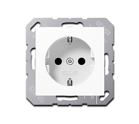 Jung UP Schuko Steckdose 1-fach mit Federklemmen und Kinderschutz, 55 x 55 mm, 16A 250V~, aus Duroplast in Alpinweiß glänzend