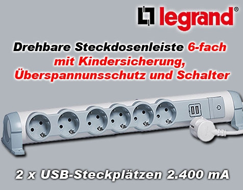Drehbare Steckdosenleiste grau 6-fach 45° / 1,5 m Zuleitung und Schalter und mit 2 USB-Steckplätzen 2.400 mA / Kindersicherung, Überspannungsschutz, zur Befestigung An Wand und Tisch