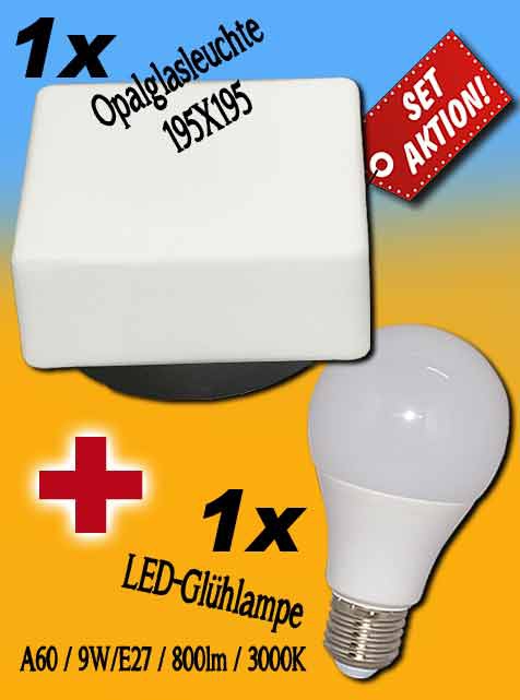Aktionspaket 1 x Opalglasleuchte 195X195 / E27B22 Art. 668EL009 + 1 x LED-Birne A60 / 8,8W / E27 / 806lm / Art. 624TU010