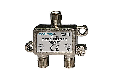 Axing Stromeinspeiseweiche z. Fernspeisen: 5-2400MHz; 1x <65V Eingang; 1 x Verstärker Ausgang; 1 x TV-Ausgang / TZU15-0