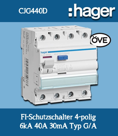Hager FI-Schalter 4-polig 6kA 40A 30mA Typ G/A Nennstrom vorsicherbar