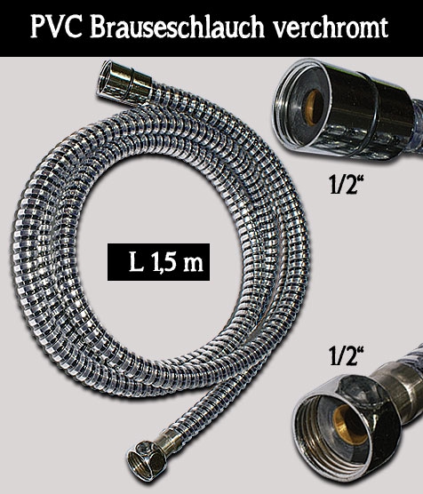 PVC 1,5m Brauseschlauch verchromt / Anschlüsse 1/2 Zoll
