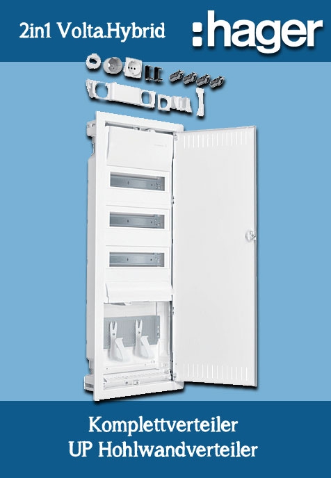 Hager Volta.Hybrid 2in1 Komplettverteiler / UP Hohlwandverteiler / 36PLE / 1 Montageplatte,  mit Steckdose und Stahlblechtür