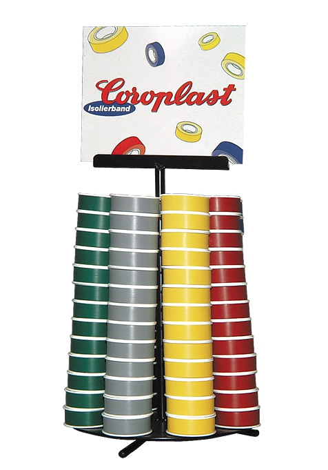 Coroplast-Drehständer mit 104 Rollen Coroplast 301 farbig sortiert
