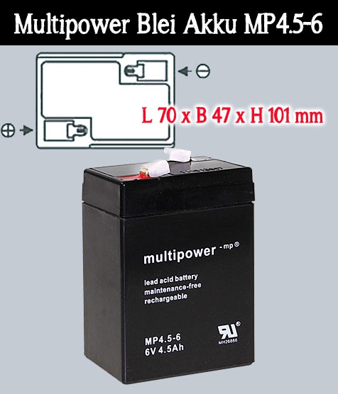 Multipower Blei Akku  6V / 4,5 Ah / Faston 4,8mm