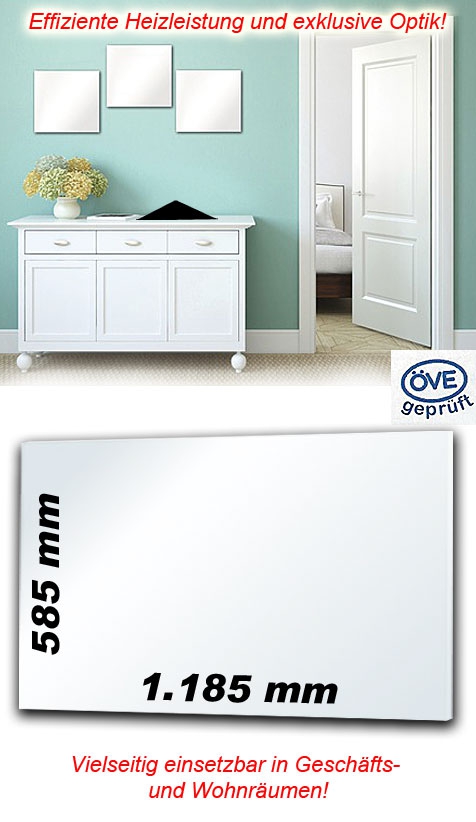 Infrarot Glasheizpaneel HVH600GS weiß mit 1,9m Zuleitung und Uni-Stecker weiß - für die Wand- und Deckenmontage IP44 / 600W / 230V / 1.185 x 585 x 39 mm