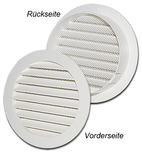 Lüftergitter mit Fliegendraht mit Klemmnasenbefestigung für Rundanschluss / System 100 / Freier Querschnitt 3350 mm2 / Aussen Ø 123 mm / M