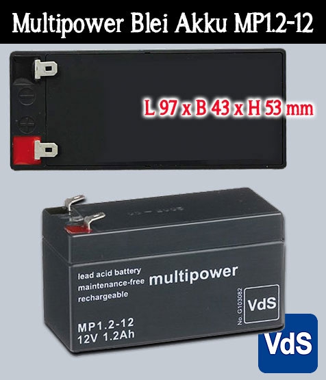 Multipower Blei Akku MP1.2-12 mit 4,8mm Faston Kontakten / 12V / 1,2 Ah mit VDS-Zulassung