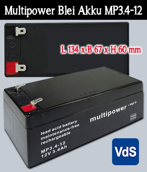 Multipower Blei Akku MP3.4-12 mit 4,8mm Faston Kontakten / 12V / 3,4 Ah mit VDS-Zulassung