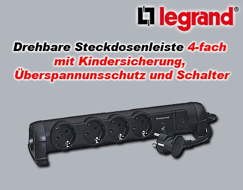 Drehbare Steckdosenleiste schwarz 4-fach 45° / 1,5 m Zuleitung / mit Kindersicherung, Überspannungsschutz und Schalter, zur Befestigung An Wand und Tisch