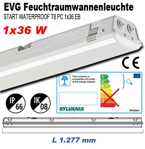 Sylvania T8 EVG Feuchtraumwannenleuchte Start Waterproof IP66 / 1x36W / IK08 / L1.277 mm
