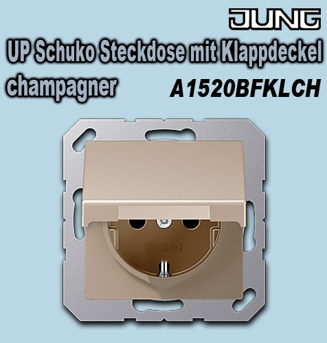 Jung UP Schuko Steckdose mit Klappdeckel (mit Rückstellfeder) 16A 250V / 55 x 55 mm / Thermoplast (bruchsicher) lackiert, champagner