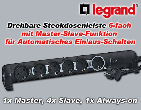 Drehbare Steckdosenleiste schwarz 6-fach 45° / 1,5 m Zuleitung und Schalter / mit Kindersicherung, 1 Master 4 Slave und 1 Schuko-Always-On-Überspannungsschutz, zur Befestigung An Wand und Tisch