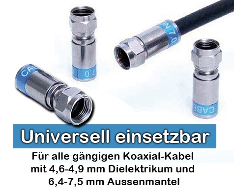 WISI F-Kompressions Stecker QuickMountTM wasserdicht, für alle gängigen Koaxialkabel mit 4,6-4,9 mm Dielektrikum und 6,4-7,5 mm Aussenmantel