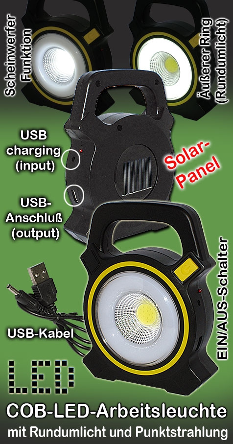 Solar COB-LED-Arbeitsleuchte W815-1 mit USB Ladekabel, Solarladung / Panele und 2 Leuchtfunktionen / 30W / 2.400 Lumen