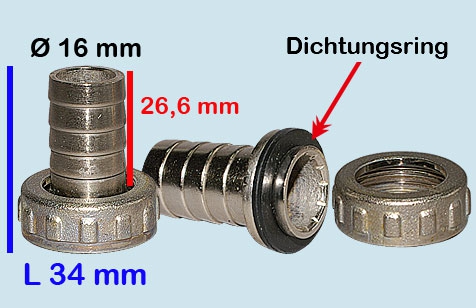 Verschraubungen aus Nickel 3/4 Zoll IG / Gesamtlänge 34 mm / Tüllenlänge 26,6 mm / Ø 16 mm