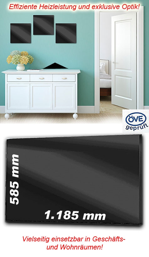 Infrarot Glasheizpaneel HVH600GS schwarz mit 1,9m Zuleitung und Uni-Stecker weiß - für die Wand- und Deckenmontage IP44 / 600W / 230V / 1.185 x 585 x 39 mm