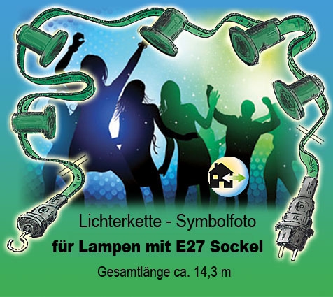 Lichterkette für Innen- und Außenbereich 20-teilig / ca. 14,3m komplett mit 20 Fassungen + Dichtungen mit Stecker und Endstück