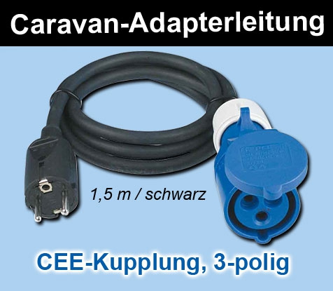 Caravan-Adapterleitung H07RN-F 3G1,5 mm² / 1,5 m / schwarz mit CEE-Kupplung, 3-polig, 16A, 250V und Schuko-Stecker IP44, 16A, 250V