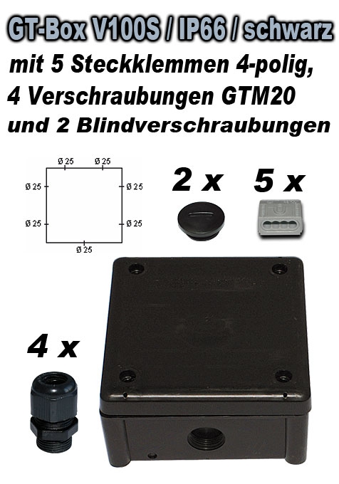 GT Box V100S / IP66 / grau / mit 5 Steckklemmen, 4 Verschraubungen GTM20 und 2 Blindverschraubung