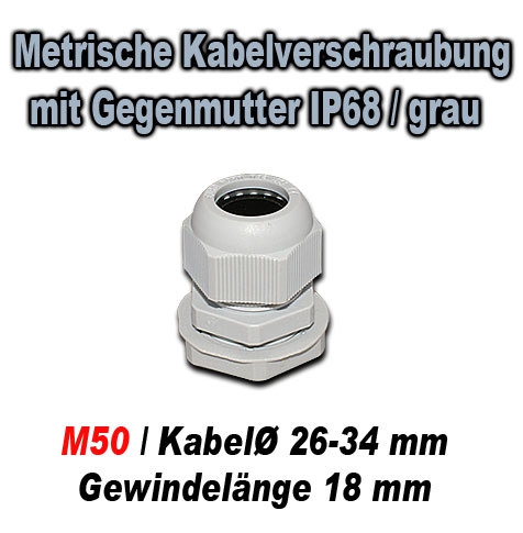 Metrische Kabelverschraubung mit Gegenmutter IP68 / GT M50N / grau / für Kabeldurchmesser 26-34 mm / Gewindelänge 18 mm