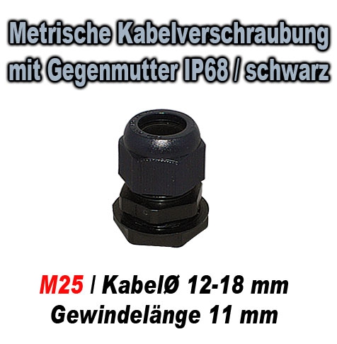 Metrische Kabelverschraubung mit Gegenmutter IP68 / GT M25N / schwarz / für Kabeldurchmesser 12-18 mm / Gewindelänge 11 mm