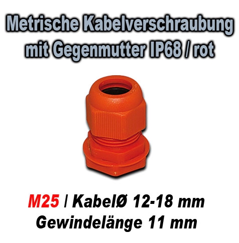 Metrische Kabelverschraubung mit Gegenmutter IP68 / GT M25N / rot / für Kabeldurchmesser 2-18 mm / Gewindelänge 11 mm