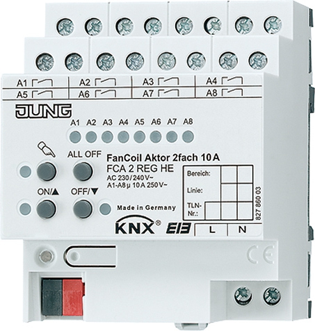 KNX Fan-Coil-Aktor, 2fach, Nennspannung AC 230/240 V ~, 50/60 Hz, 2 Schließer   / Art. FCA 2 REGHE