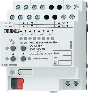 KNX Jalousieaktor, 4fach, REG, elektronische Handbedienung, LED-Statusanzeige   / Art. 2424 REGHE