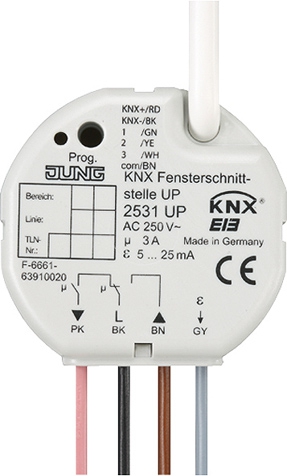 KNX Jalousieaktor, UP, Nebenstellenanschluss, 3 Binäreingänge, 1 Jalousieausgang   / Art. 2531 UP
