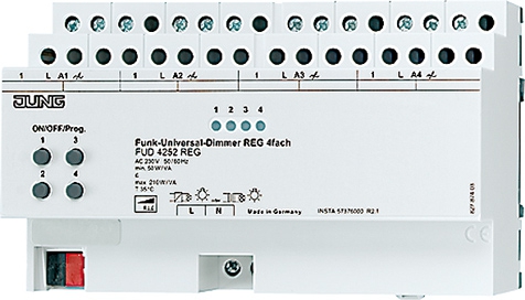 Funk-Dimmer Universal, 4fach, REG, Versorgung Netz AC 230/240 V ~, 50/60 Hz   / Art. FUD 4252 REG