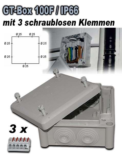 GT Box 100F / IP66 mit 3 schraublosen Klemmen 5-polig, 4 mm2 / grau
