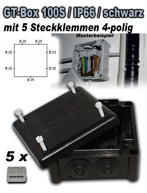 GT Box 100S / IP66 mit 5 Steckklemmen 4-polig, 2,5 mm2 / schwarz