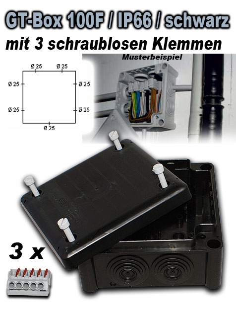 GT Box 100F / IP66 mit 3 schraublosen Klemmen 5-polig, 4 mm2 / schwarz