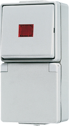 SCHUKO-Steckdose, 16 A 250 V ~, Wipp-Kontrollschalter, 10 AX 250 V ~, Universal Aus-Wechsel, Klappdeckel   / Art. 676 KOW