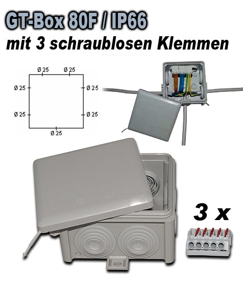 GT Box 80F / IP66 mit 3 schraubenlosen Klemmen 5-polig, 4 mm2 / grau