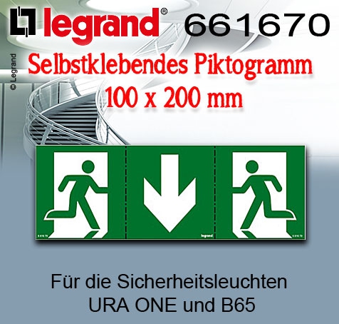 Legrand Selbstklebendes Piktogramm Pfeil Ausgang 100 x 200 mm für die Sicherheitsleuchten URA ONE und B65 / 3-teilig