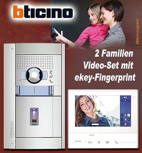 Bticino 2-Draht 2 Familien Farbvideo-Set mit ekey-Fingerprint 4-Kanal, CLASSE 300 V13E mit SFERA Allmetal UP