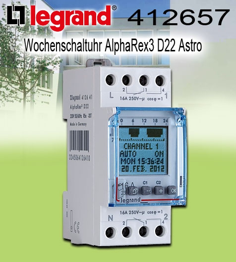 Legrand Wochenschaltuhr AlphaRex3 / D22 / 230V / 50/60Hz / Astro / 2 Kanal / Energieklasse A