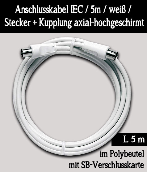 Axing Koaxial Anschlusskabel IEC / 5m / weiß / Klasse A / mit Stecker + Kupplung axial-hochgeschirmt