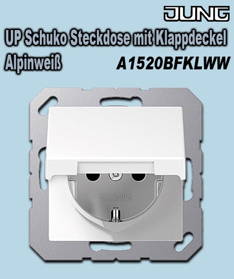 Jung UP Schuko Steckdose mit Klappdeckel / mit Rückstellfeder / Alpinweiß hochglänzend / IP44