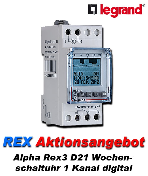 AlphaRex³ D21 digitale Wochenzeitschaltuhr / 230 VAC / 1 Kanal / 2TE
