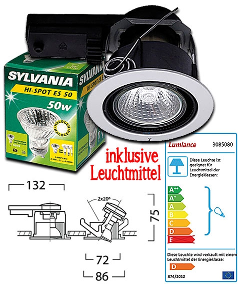 Sylvania Halogen Einbaustrahler INSET 70 SWING HI-SPOT inkl. Halogen Reflektorlampe ES50 SI / 50W / GU10 / 230V / 2.700K - für den Innenbereich