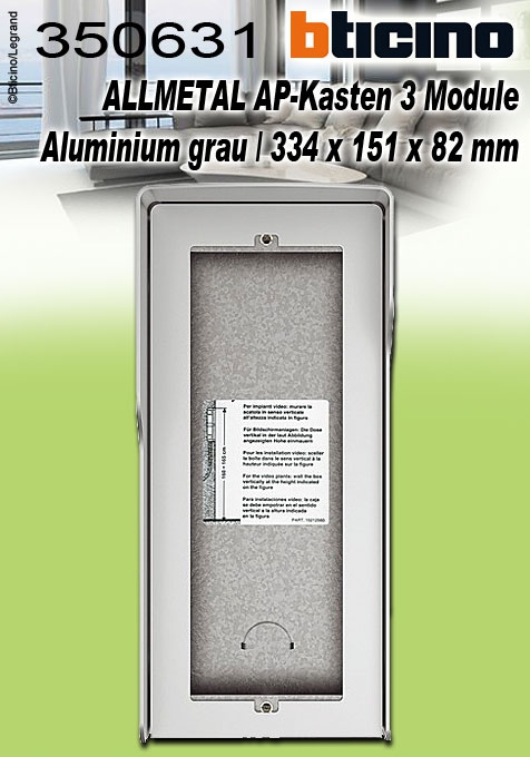Bticino ALLMETAL AP-Kasten 3 Module aus Aluminium grau / 334 x 151 x 82 mm