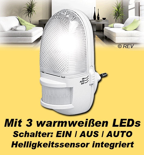 LED-Nachtlicht mit Bewegungsmelder und 3 ww LEDs / 1W / 230V / weiß