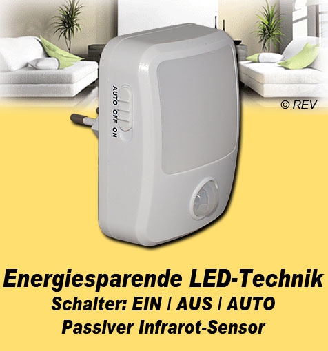 LED-Nachtlicht mit Bewegungsmelder, integriertem Dämmerungsschalter und 1 LED warmweiß / 0,5W / 230V