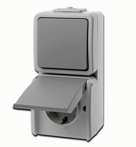 Berker AQUATEC FR AP Kombination Wippschalter / Schuko Steckdose mit Klappdeckel senkrecht - lichtgrau/grau