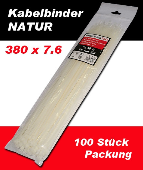 Kabelbinder 380x7,6 / natur / 100 Stk. Packung
